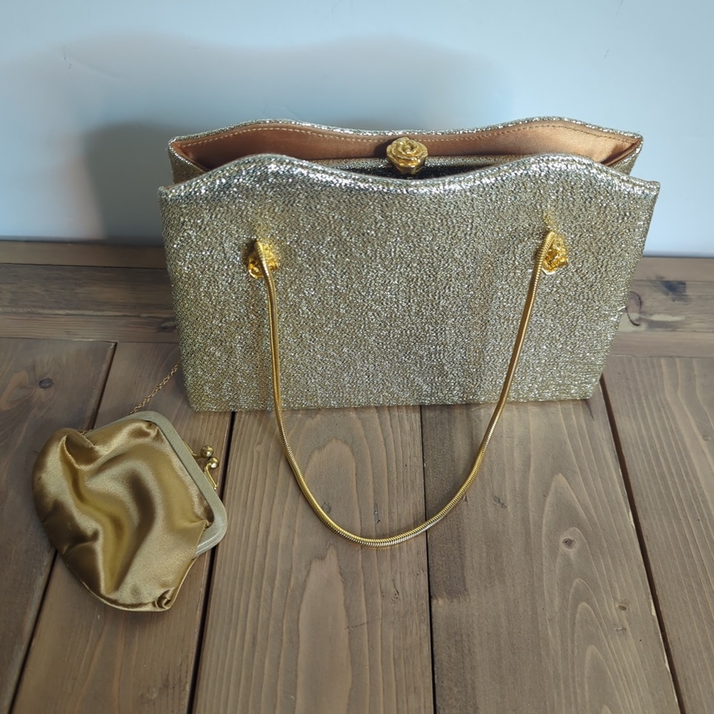 Vtg 50s 60s Gold Metallic Lamé Evening Handbag w/ Rose Clasp & Coin Purse Bridal